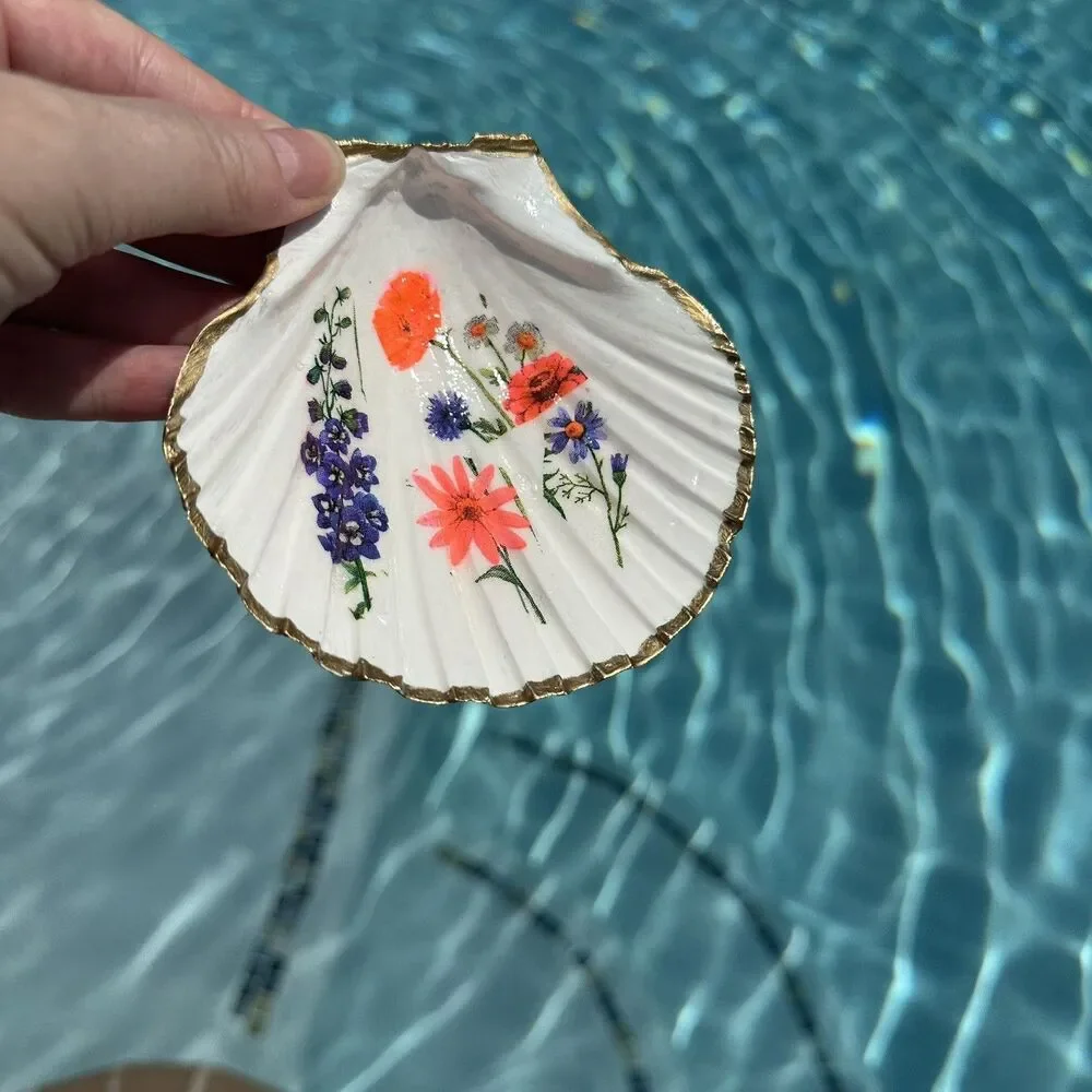 Jewelry Trinket Dish Decoupaged Scalloped Shell Floral Theme 4.5”